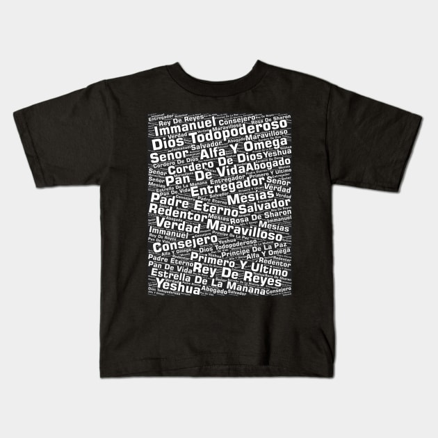 Names of Jesus Word Cloud Spanish Kids T-Shirt by BubbleMench